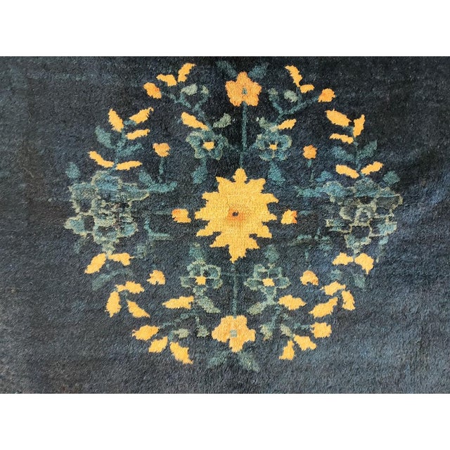 Textile 1930s Floral Inlay Antique Open Field Medallion Small Navy Chinese Peking Rug For Sale - Image 7 of 9