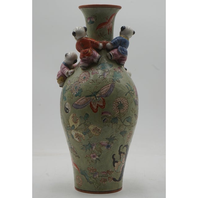 Chinese Vintage Chinese Familia Rose Seven Boys Fertility Vase For Sale - Image 3 of 9
