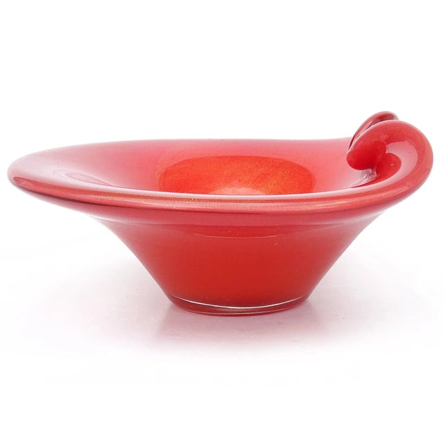 Glass Murano Vintage Persimmon Orange Gold Flecks Italian Art Glass Flared Rim Decorative Center Bowl For Sale - Image 7 of 9