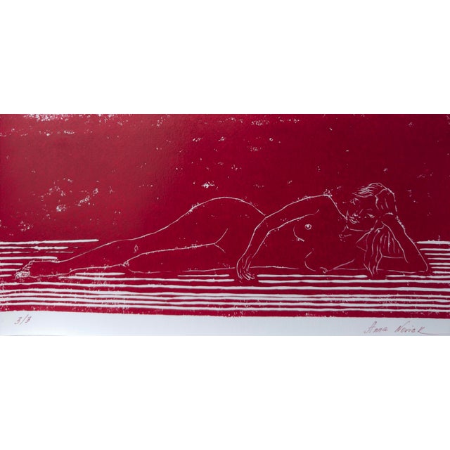 Figurative “Nude on the Sofa” Original Hand-Pulled Linocut Nude Figure Limited Edition of 3 Art by Anna Novick. Hand Signed and Numbered 3/3 For Sale - Image 3 of 9