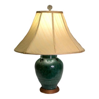 Antique Shiwan Martaban Jar Table Lamp With Green Flambe Glaze & Gold Silk Shade For Sale