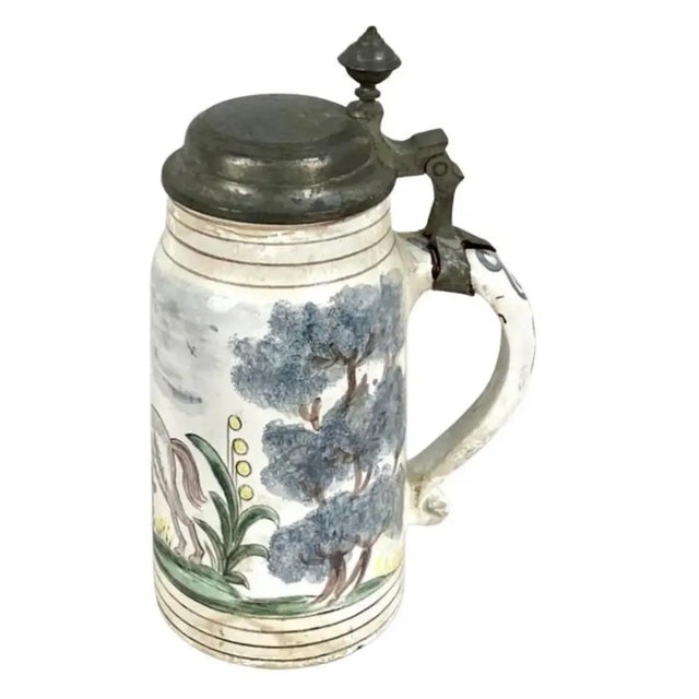 19th Century German Faience Beer Stein With Handle and Lid For Sale - Image 10 of 11