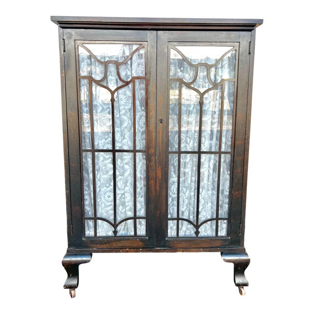 Antique Pie Safe Glass Door Cabinet on Wheels For Sale