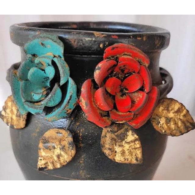 1970s Vintage Rustic Metal Vase With Metal Painted Flowers For Sale - Image 5 of 10