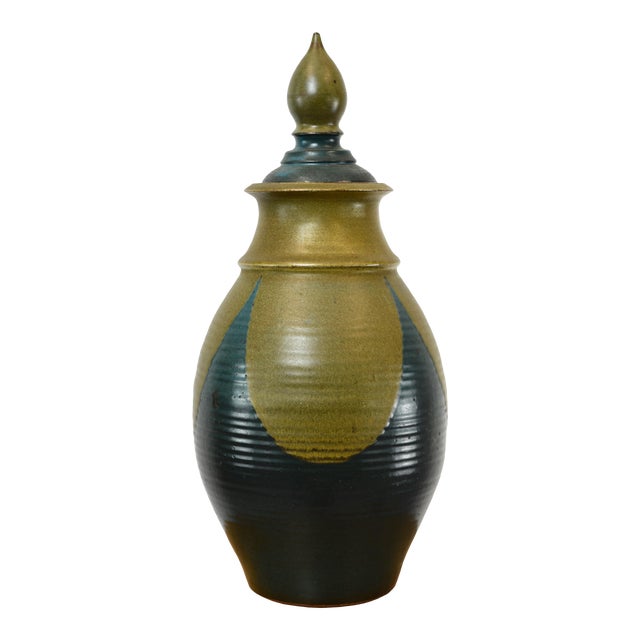 Large 1970s Mid Century Modern Studio Pottery Lidded Jar Signed For Sale