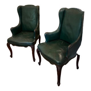 Vintage Green Leather Chairs With Nailheads and Cabriole Legs For Sale
