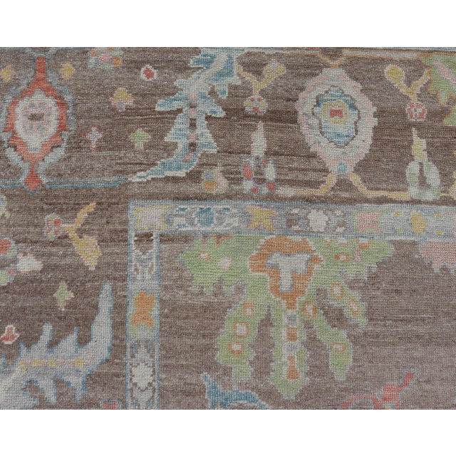 Brown Turkish Oushak Rug With All-Over Floral Design on a Light Brown Field 13'4"x17'6" For Sale - Image 8 of 17