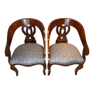 Antique Biedermeier Mahogany Barrel Chairs W Fortuny Seats - a Pair For Sale