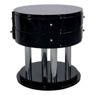Art Deco Side Table with 8 Swiveling Drawers in Black High-Gloss Lacquer with Chrome Rods, 1930s For Sale