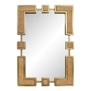 Matthew Izzo Home Roro Rectangular Mirror With Curved Brass Sectioned Frame and Inset Woven Rattan For Sale