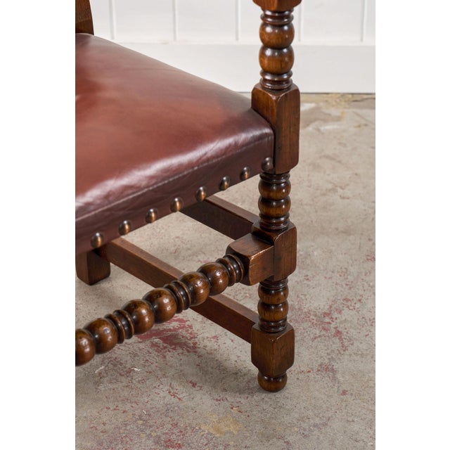 Wood Set of 10 | English Cromwellian Style Oak Bobbin Stretcher Base Dining Chairs With Leather Upholstery (C. 1920) For Sale - Image 7 of 10