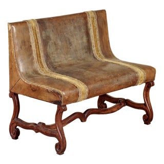 French Belle Époque Leather Banquette Sofa with Velvet Trim, 1890s For Sale