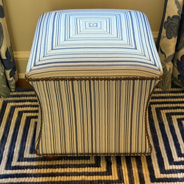 Textile Striped Blue and White Ottoman For Sale - Image 7 of 9