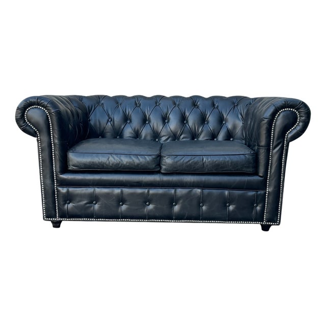 Vintage Two-Seater Chesterfield Sofa in Black Leather, 1980 For Sale
