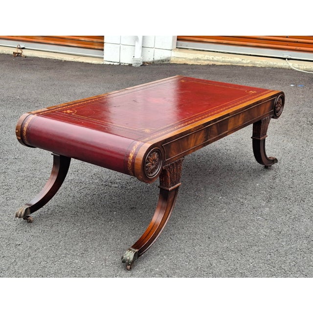 1940s Weiman Regency Flame Mahogany and Tooled Leather Top Scroll Shaped Coffee Table For Sale - Image 11 of 15