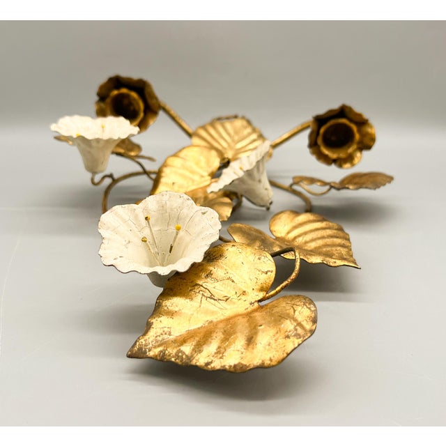 Gold Vintage Italian Gilt Tole Floral Wall Sconces, Pair With White Trumpet Flowers – Hollywood Regency / Italian Provincial For Sale - Image 8 of 15