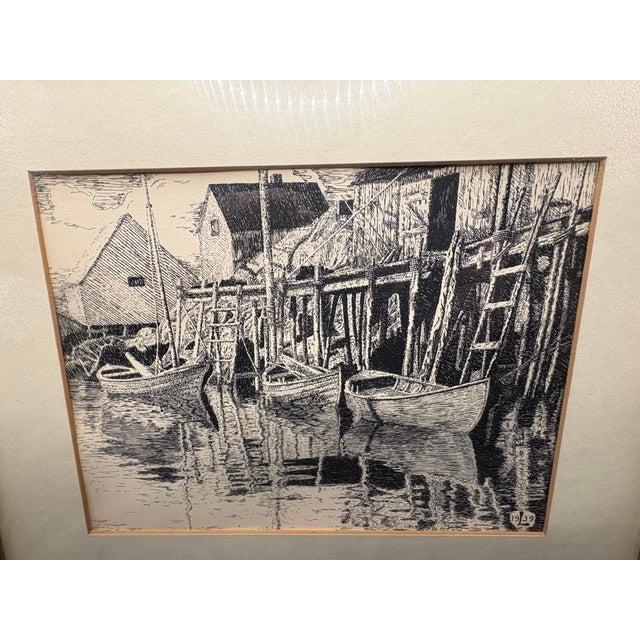 Original 1939 Leo Meissner Signed Pen & Ink Harbor Scene, Framed Nautical Drawing For Sale - Image 6 of 6