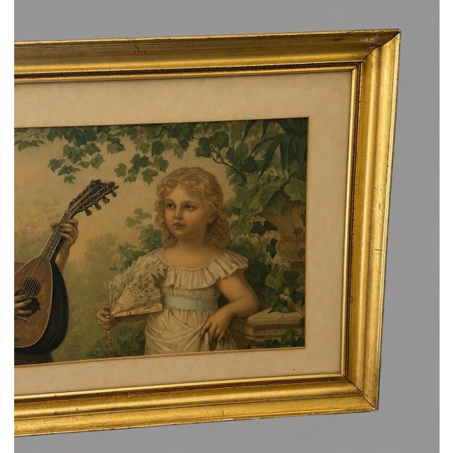 Late 19th Century Antique Victorian Framed Chromolithograph Children Music Flute Mandolin Serenade Print F. Lefler For Sale - Image 5 of 7