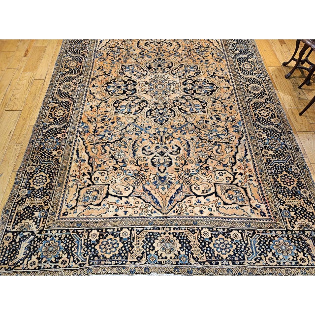 Vintage Persian Heriz Rug, Hand-Knotted Wool, Geometric Medallion Pattern,Tan & Navy, 9x13 For Sale - Image 4 of 18