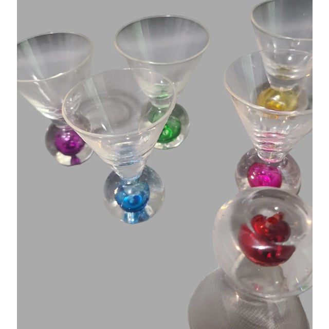 Vintage Set of 6 Italian Art Glass Colorful Bubble Base Cordials, Shot, Snap, Glasses For Sale - Image 6 of 7