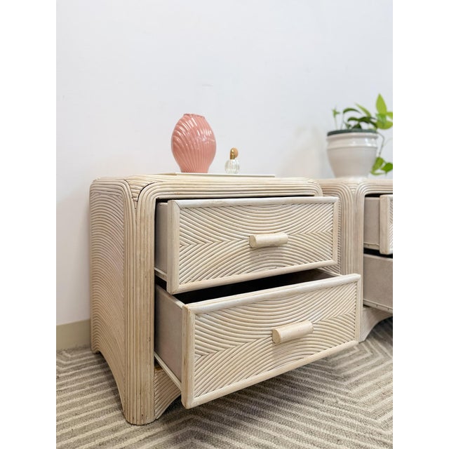 Pair of Vintage Pencil Reed Rattan Nightstand Coastal Hollywood Regency Tables For Sale - Image 11 of 11
