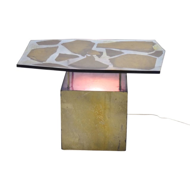 One of a kind studio made side or coffee table. Features a base with slate sides and inset blue glass with four posts that...