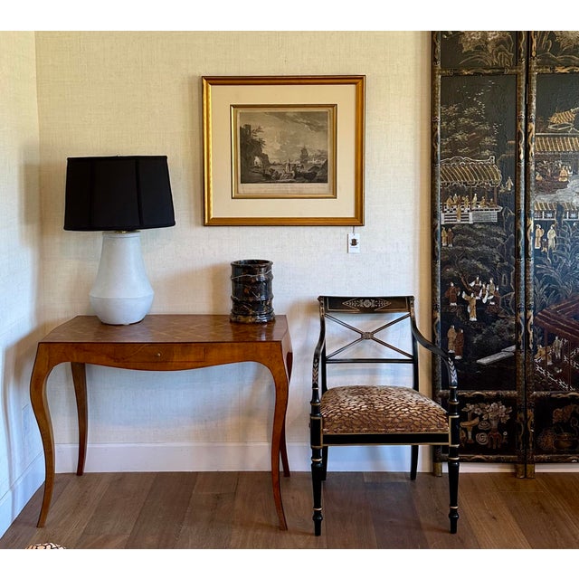 Vintage desk or side chair with hand-painted English motifs and architectural details! The seat cushion is newly re-...