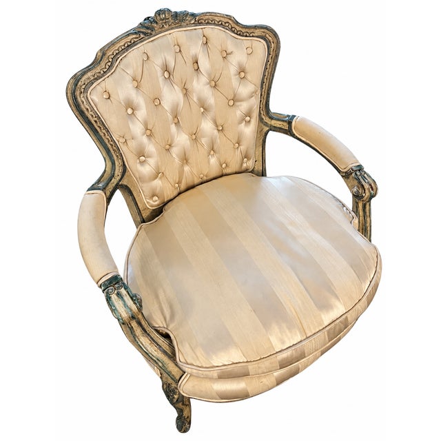 Louis XV–Style Gold Tufted Armchair With Coordinating Damask Fringed Footstool For Sale - Image 10 of 13