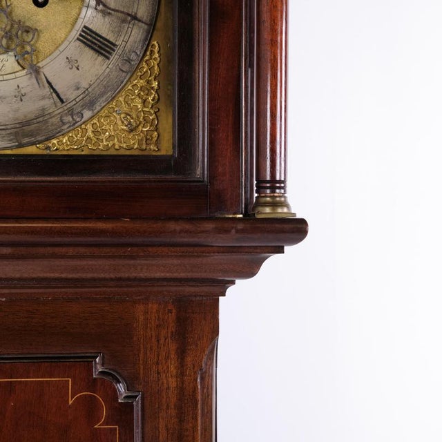 English Mahogany Longcase Clock with Marquetry and Brass Dial, 1880s For Sale - Image 6 of 13