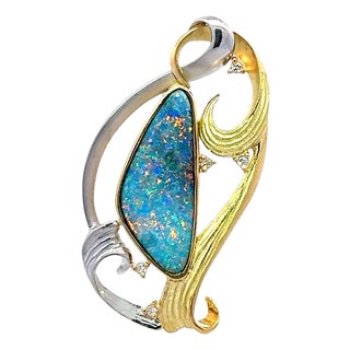9.83 Carat Boulder Opal Diamond Platinum-18k Yellow Gold Brooch-Pendant For Sale