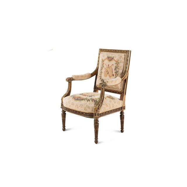 Late 19th Century Pair of 19th Century Louis XVI Style Tapestry-Upholstered Giltwood Bergères For Sale - Image 5 of 7