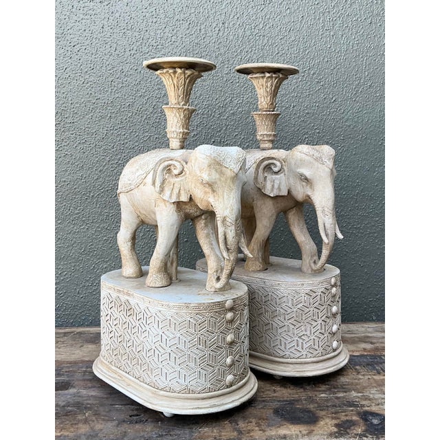 Cream Vintage Carved Wood Elephant Candlesticks - A Pair For Sale - Image 8 of 12
