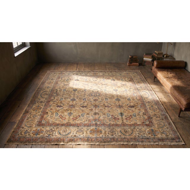 1890s Tan Khaki Floral Hand Knotted Antique Persian Sultanabad Rug 8'6" X 8'10" Wool Carpet For Sale In New York - Image 6 of 8