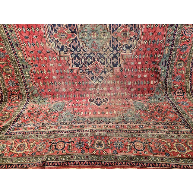 Vintage Turkish Heriz Rug, Hand-Knotted Wool, Geometric Medallion Design, Red & Green, 12x14 For Sale - Image 11 of 16