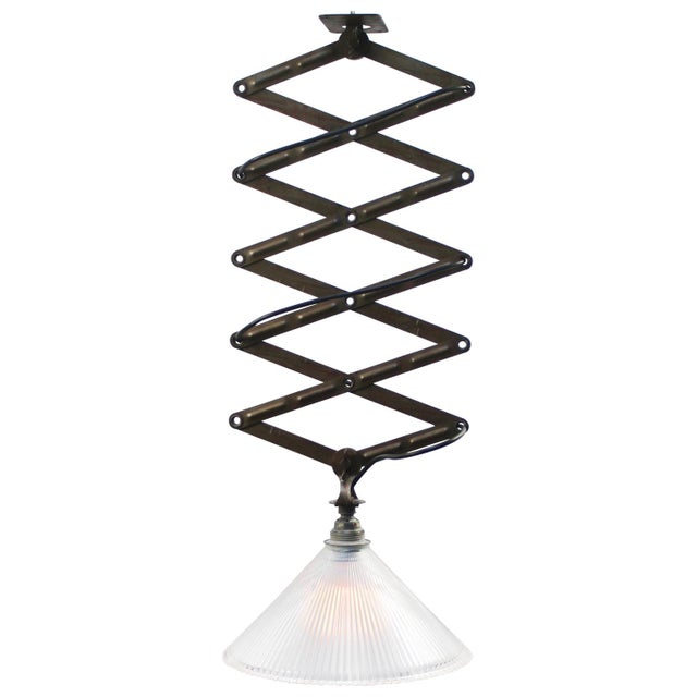 Industrial Vintage Industrial Glass and Metal Scissor Pendant Lamp from Holophane For Sale - Image 3 of 7