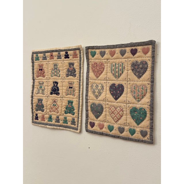 Pair of Vintage American Folk Art Hearts & Bears Quilted Textile Art, Dusty Pink, Baby Blue, Off-White For Sale In Houston - Image 6 of 12