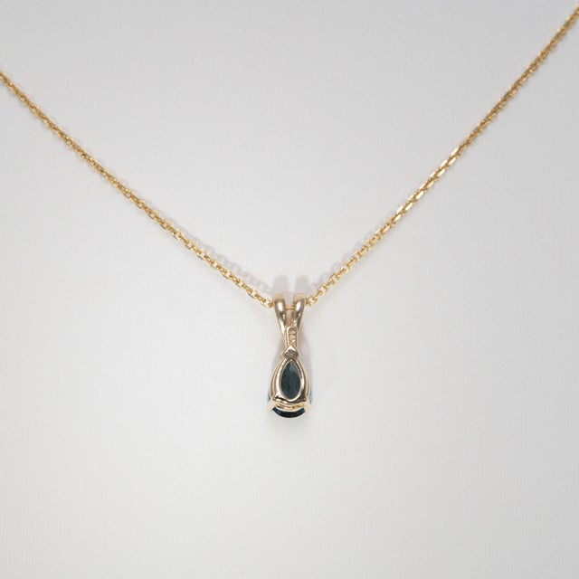 Metal London Blue Topaz Solitaire Pendant in Solid 14k Gold - Pear, 6x4mm For Sale - Image 7 of 7