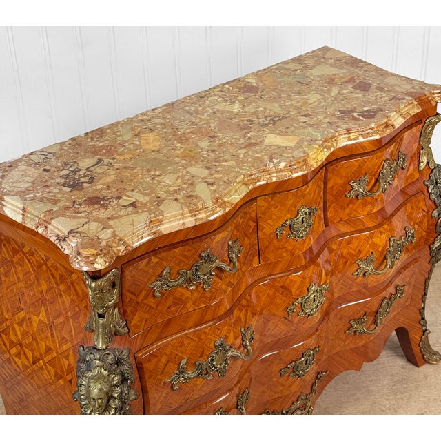 Wood Vintage French Louis XV Marble Top Bombe Commode Dresser Chest of Drawers For Sale - Image 7 of 16