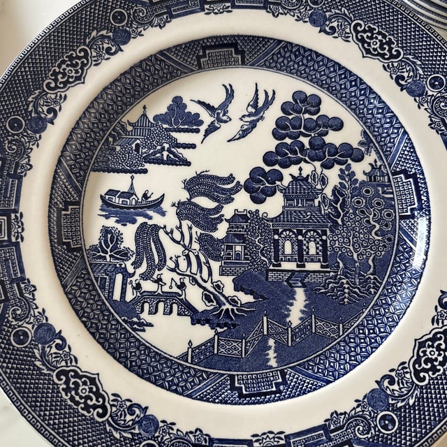 Johnson Brothers blue Willow made in England dish set Dishwasher safe Stamped underside 8- 10" dinner plates 1 -12" large...