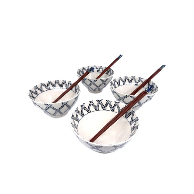 Handcrafted Bat Trang Vietnamese Ceramic Pho or Ramen Bowls With Blue & White Vine Motif - Set of 4 For Sale - Image 9 of 11