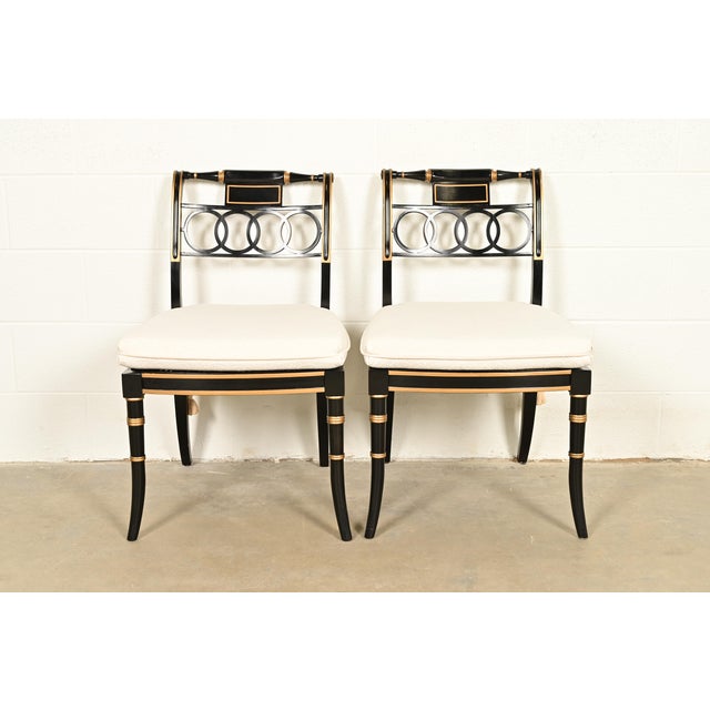 English Baker Furniture Historic Charleston Regency Ebonized and Gold Gilt Side Chairs or Dining Chairs, Pair For Sale - Image 3 of 17