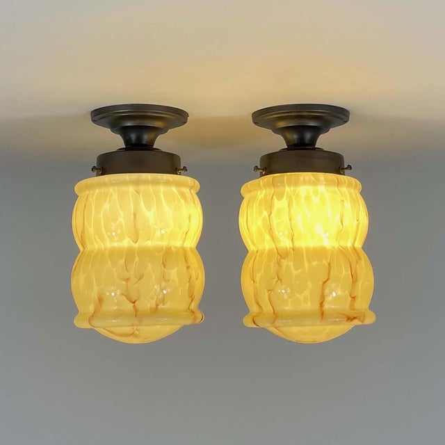 Metal Art Deco Marbled Opaline & Burnished Brass Flush Mounts, Germany, 1930s, Set of 2 For Sale - Image 7 of 16