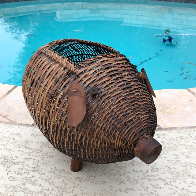 Mid Century Bamboo and Wicker Pig Basket Chairish