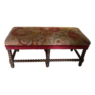 Antique English Wood Bobbin Leg Bench With Needlepoint and Velvet Seat For Sale