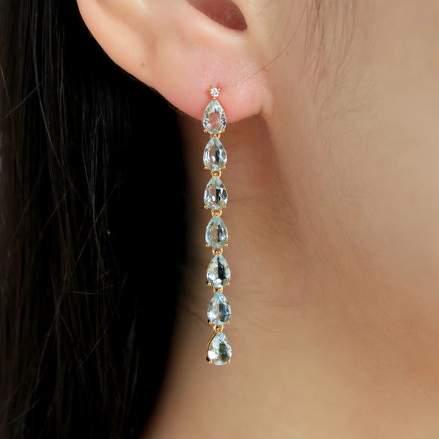 14K Yellow Gold 14 pieces Natural Aquamarine｜Sky Blue｜Pear｜Eye Clean Aquamarine CTW: 5.60 Natural Diamond Grade: G...