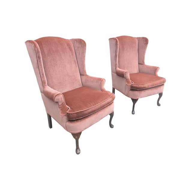 Wood Mid 20th Century Rose Gold Pink Crushed Velvet Wingback Chairs- A Pair For Sale - Image 7 of 18