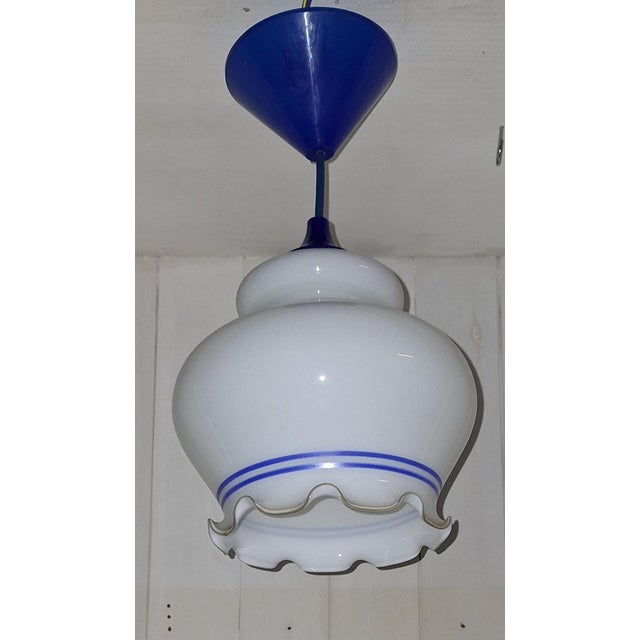 Vintage Pendant Lamp with White and Blue Glass Shade, 1990s For Sale - Image 4 of 7