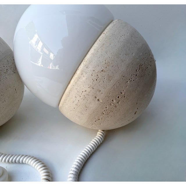 Pair of Travertine and Opaline Glass Culbuto Lamps Italy, 1980s For Sale - Image 9 of 12