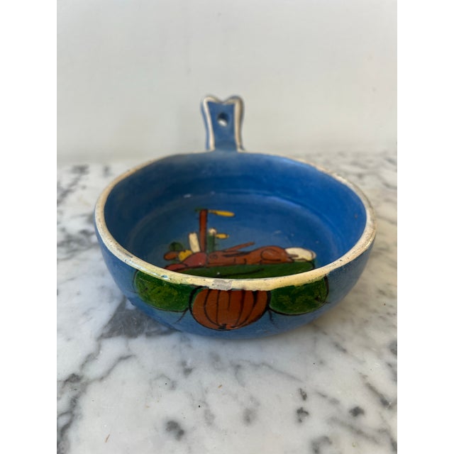 Rustic Animal Design Painted and Glazed Terra Cotta Blue Dish With Handle For Sale - Image 3 of 8