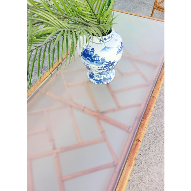 Vintage Chinese Chippendale Bamboo Frosted Glass Top Rectangular Coffee Table Side Table Set of 2 For Sale - Image 10 of 12
